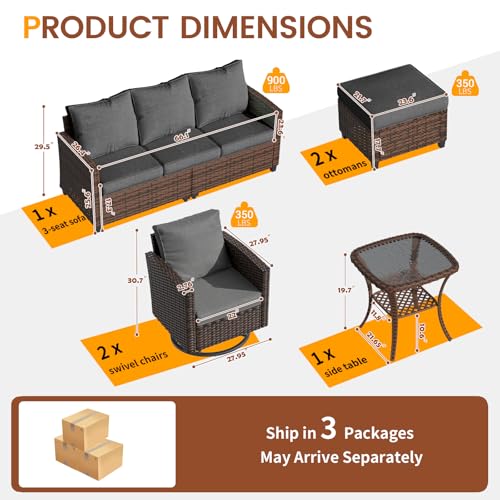 UDPATIO Patio Furniture Set, 6 Pieces Outdoor Sectional Couch with Swivel Rocking Chair, Brown Wicker Rattan Conversation Sofa, 4" Thick Cushion for Garden Backyard Deck, Dark Grey UDPATIO