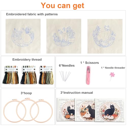 Myfelicity Embroidery kit,Fall Black Cat Embroidery Kit, Set of 3 Hoops, Autumn Pumpkin and Floral Design