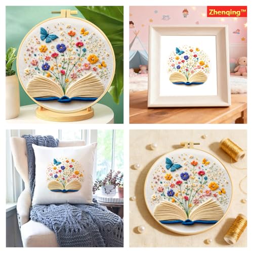 Zhenqing Open Book Garden Embroidery Kit, Fantasy Floral Craft Set with 20cm Hoop, Printed Design on 29x29cm Cotton Fabric, DIY Butterfly Wall Art (JC0023)