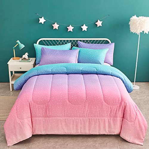 Yogeneg Rainbow Comforter Set Full/Queen Size for Teen Girls&Boys Women,Metallic Star Moon Printed Mermaid Comforter with 2 Pillowcase, Microfiber 3 Piece Bedding Set,All Season (Rainbow B, Queen) Yogeneg