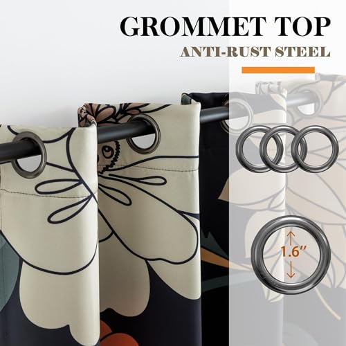 Tyrot 100% Blackout Black Boho Floral Curtains 108 Inches Extra Long for Bedroom Mid Century Botanical Black Out Curtains Room Darkening Grommet Top Thermal Insulated Window Drapes 2 Panels,52Wx108L Tyrot