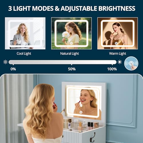 FURSUN 3-in-1 Vanity with Flip Mirror & Lights, Fluted Compact Vanity Table with 3 Drawers, Storage Compartment and Rolling Stool, Modern Small Makeup Vanity for Bedroom, Powder Room, Solid White FURSUN