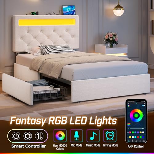 Rolanstar Twin Bed Frame with 4 Storage Drawers and Charging Station,Twin Bed with Led Lights, 2 USB & 1 Type C, Adjustable Headboard 38.9/40.8 Inches, No Box Spring Needed, White Rolanstar