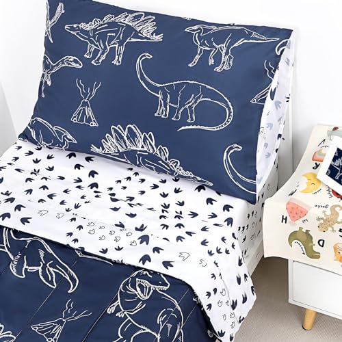 Jundetye 4 Pieces Dinosaur Toddler Bedding Set for Boys, Soft Breathable Toddler Comforter Set, Dino Print Navy, Includes Reversible Comforter, White Fitted Sheet and Flat Sheet, Pillowcase Jundetye