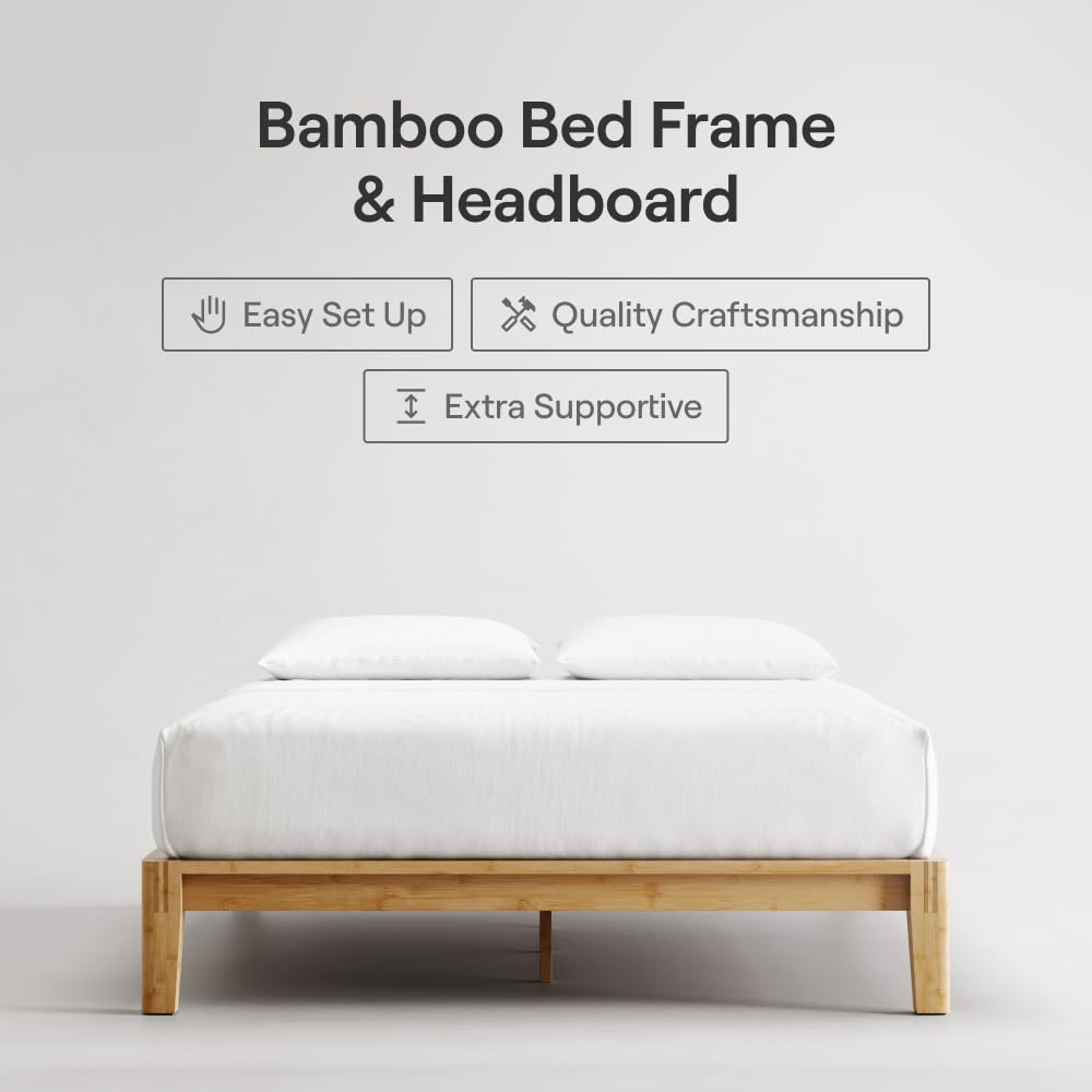 Nectar Bamboo Platform Bed Frame - Queen - Natural - Floating Center Support Legs - 12” Height - Easy Tool Free Set Up - Contemporary and Durable - Sturdy Wooden Support Slats - Holds Up To 800 Pounds Nectar