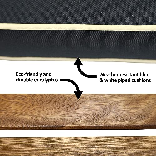 Outdoor Interiors Eucalyptus Wood 3-Piece Square Foldable Bistro Outdoor Furniture Patio Set, Table and 2 Chairs with Cushions, Blue Outdoor Interiors