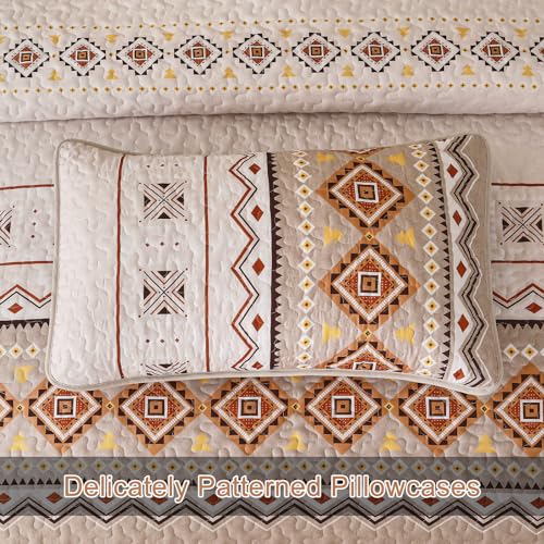 WONGS BEDDING Boho Beige Quilt Set Queen Size,Geometry Printed Bedspread Coverlet Set with 2 Pillowcases,Soft Bohemian Bedding Set Queen 96"×90" WONGS BEDDING