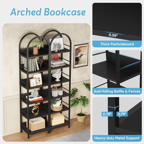 LITTLE TREE 6-Tier Open Bookshelf, 78.7" Tall Arched Bookcase, Black Wooden Bookshelf with Metal Frame, Freestanding Narrow Bookcase Display Shelves for Living Room, Bedroom, Office LITTLE TREE