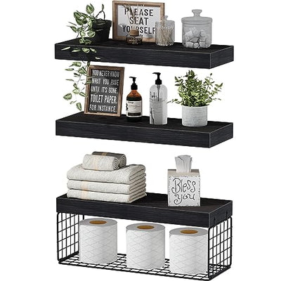 QEEIG Black Bathroom Shelves Over Toilet Wall Mounted Floating Shelves Farmhouse Shelf Toilet Paper Holder Small 16 inch Set of 3 (019-B3)