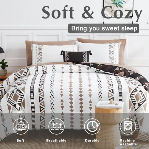 Geniospin Full Comforter Set - 7 Pieces Bed in a Bag, Comfortable Western Bedding Sets for All Seasons, Lightweight Soft Boho Comforter Bed Set with Sheets, Pillowcases & Shams Geniospin