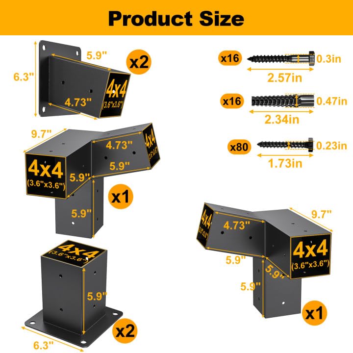 Heavy Duty 15°Slanted Roof Wall Mount 4x4 Pergola Bracket Kit,TROPTOLKY Angled 4x4 Wood Post Bracket,DIY Pergola Gazebo Kit 3-Way(6PCS) TROPTOLKY
