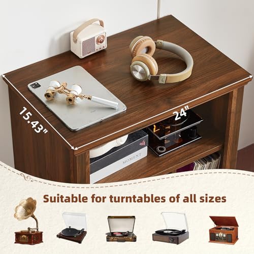 Joaxswe Record Player Stand with Vinyl Record Storage, 24" Wide Mid-Century Record Player Table Up to 200 Albums,Large Wood Turntable Stand Cabinet Dispaly Shelf for Living Room,Bedroom,Brown Joaxswe