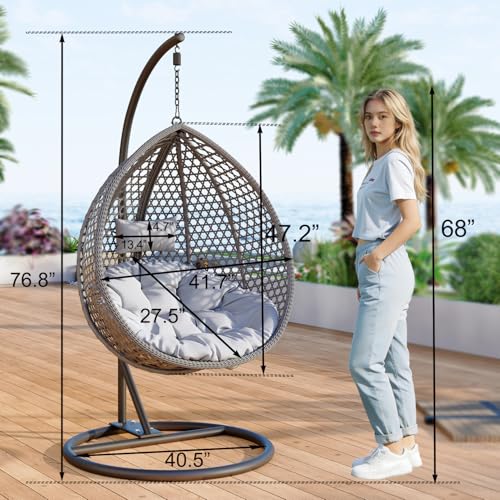 Egg Swing Chair Outdoor with Stand, Hanging Egg Rattan Basket Chair with Cushion and Pillow, Lounge Chairs for Backyard Sunroom Patio Balcony Bedroom (Grey)
