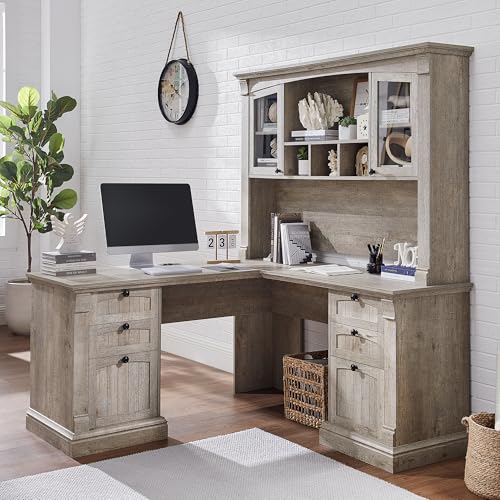 OKD 60" L Shaped Executive Desk with Hutch and Drawers, Farmhouse Home Office Desk with Charging Station, File Cabinet Storage, Wood Corner Computer Desk for Work and Study, Light Rustic Oak OKD