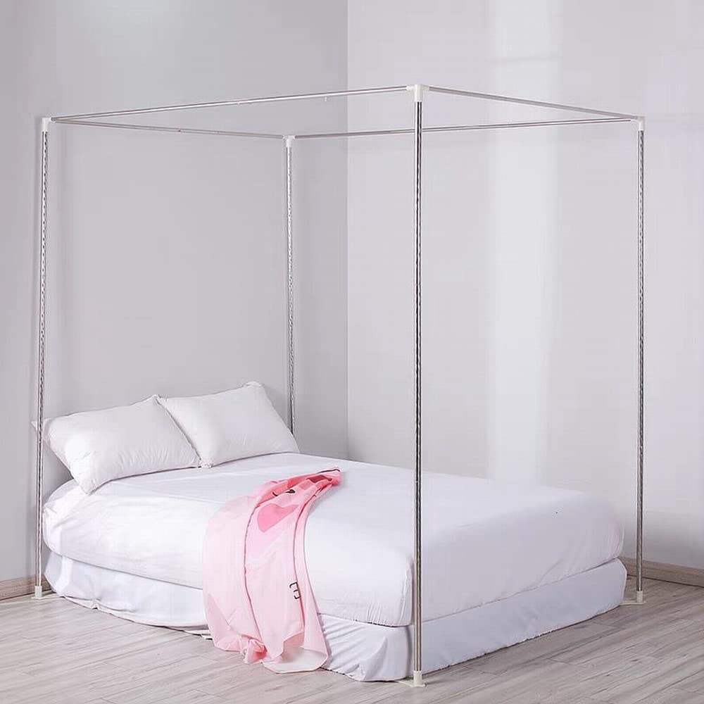 KingKara Canopy Bed Frames Post Queen Full Size Stainless Steel Netting Bed Canopy Frame Poles Four Corner Bed Bracket Fit for Metal Bed Wood Bed Bedroom Décor (Queen) KingKara