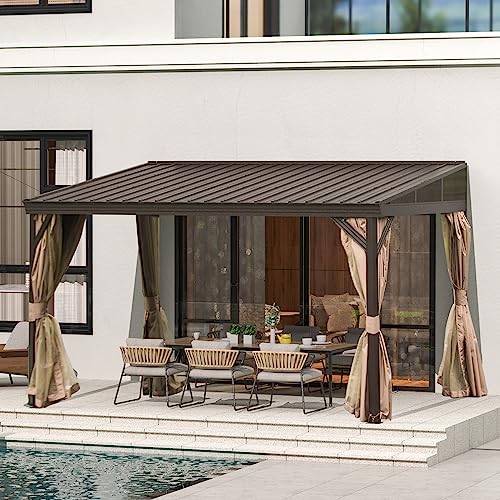 Domi 12x14FT Lean to Gazebo, Hardtop Wall Mounted Gazebo with Sloping Galvanized Steel Roof, Wall Pergola with Aluminum Frame, Curtains and Netting, for Patio, Deck, Garden, Backyard domi outdoor living