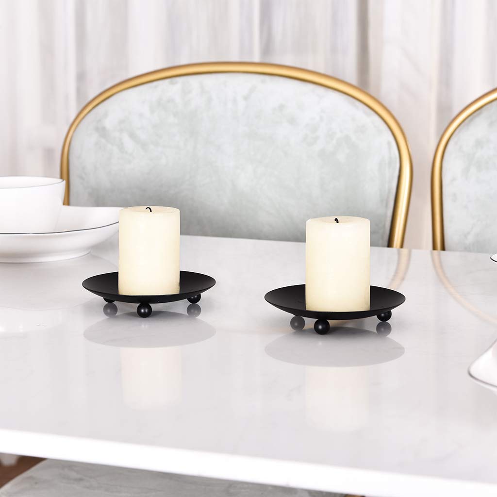 Black Iron Plate Candle Holder, Decorative Iron Pillar Candle Plate, Set of 2, 4.37 inches D x 0.78 inches H, Pedestal Candle Stand for LED & Wax Candles, Incense Cones, Spa, Weddings (2 pcs) SUJUN