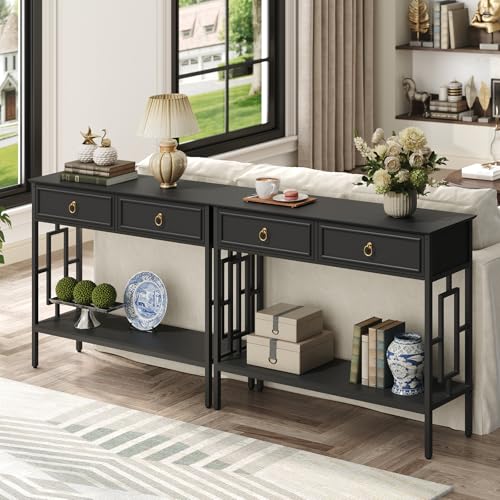 MAHANCRIS Console Table with 2 Drawers, Entryway Table with Storage Shelf, Entrance Accent Tables, 2-Tier Narrow Hallway Table, Behind Couch Table, for Entryway, Living Room, Hallway, Black CTBK6101 MAHANCRIS