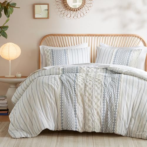INK+IVY 100% Cotton Duvet Mid Century Modern Design, All Season Comforter Cover Bedding Set, Matching Shams, Full/Queen, Imani Chenille Navy INK+IVY