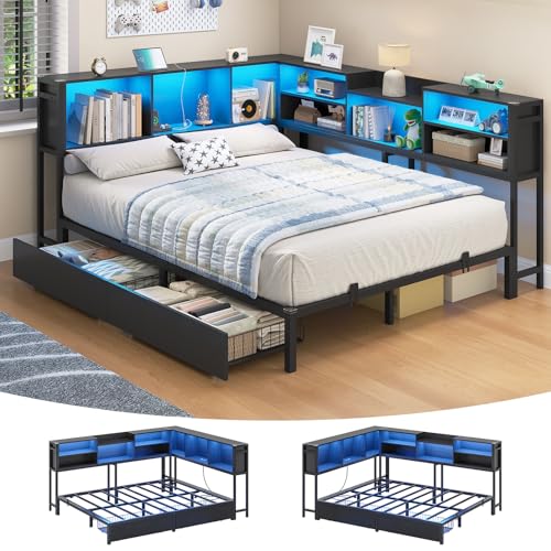 Hasuit Corner Bed Frame Full with 2 Drawers and Storage Bookcase, Daybed with Charging Station and LED Lights, Metal Platform Bed with Bookshleves, Full Size Bed Frame for Kids Teens Guests, Black Hasuit