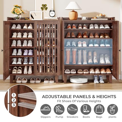 IRONCK Shoe Cabinet with Slatted Doors, 6-Tier Shoe Storage Cabinet with Adjustable Shelves, Wooden Shoe Rack Organizer for Entryway, Hallway, Closet, Living Room, Walnut IRONCK