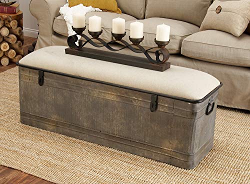 Deco 79 Metal Room Storage Bench Galvanized Entryway Bench with Cream Burlap Top, Bench 50" x 16" x 18", Gray Deco 79