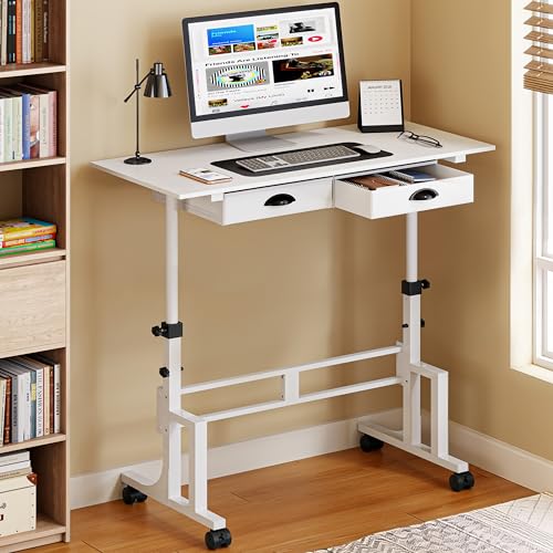 Height Adjustable Standing Desk with 2 Drawers, Small Sit Stand Up Desk with Wheels, Portable Rolling Desk for Walking Pad Treadmill, Computer Office, Adjustable 31.5"-43.3", White, Upgraded Stable Jsskeeim