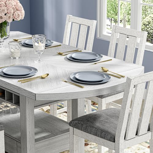 Peatuk Solid Wood Dining Table Set for 6, Modern Breakfast Dinette Expandable Drop Leaf Kitchen Table with Chairs for Dining Room, Kitchen, Grey Peatuk