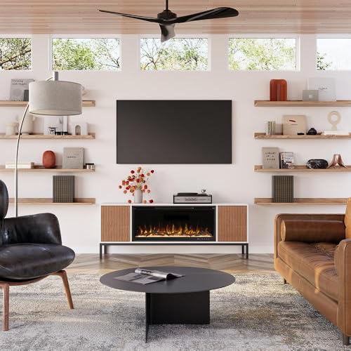 Modern Ember Emory 72-in Smart Electric Fireplace TV Stand | 42β Firebox Heater | Multi-Flame Colors | Remote Control, Alexa/WiFi Enabled | Fits TVs up to 80β | White with Fluted Details Modern Ember