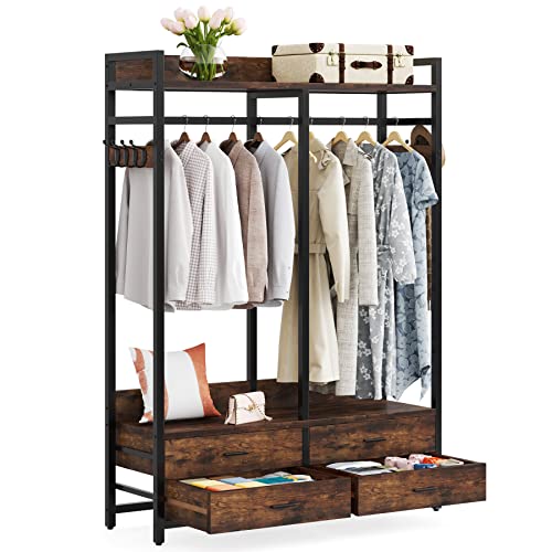 Tribesigns Freestanding Closet Organizer for Hanging Clothes, Heavy Duty Garment Rack with 4 Drawers, 8 Hooks and Storage Shelves, Wardrobe Closet Clothing Rack for Bedroom, Living Room, Rustic Brown Tribesigns