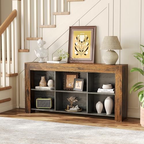 LITTLE TREE Console Table with Storage, 63-Inch Narrow Long Sofa Table, Entryway Table with 6 Cubes, Farmhouse Storage Shelves for Entryway, Living Room LITTLE TREE