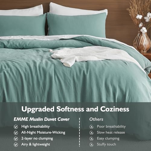 EMME Muslin Cotton Duvet Cover Set Teal Twin Size Linen Like Soft Breathable Lightweight Summer Comforter Cover Set with Zipper Closure (Teal, Twin, 68"x90") EMME