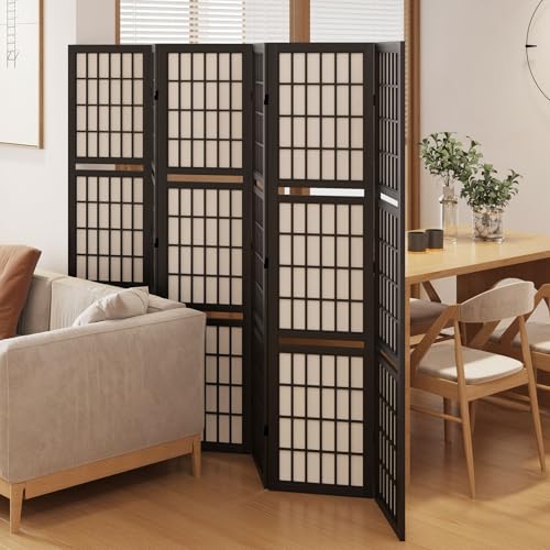 Room Divider with Shelves, 66.9-Inch Tall Japanese Shoji Style Wood Screen with Double Hinges for Home Office Decoration (6 Panels, Black) Svimi