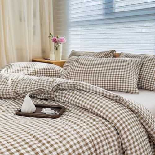 NSNLGSGC Twin Comforter Set, Tan Gingham Bedding Sets, Brown Grid Bed Comforter 2 Pieces (1 Comforter, 1 Pillowcase) NSNLGSGC