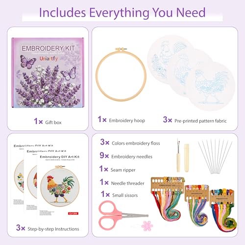 Uniartfy 3 Pack Funny Rooster and Flower Embroidery Kits for Beginners, Animal Cross Stitch Kit for Adults, DIY Needlepoint with Stamped Pattern, Embroidery Hoop, Tools, Colorful Threads, Instructions
