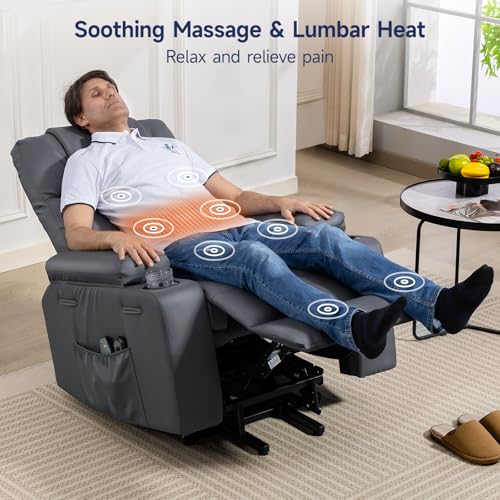 Brage Living Power Lift Recliner Chair for Elderly with Massage & Heat, 160° Adjustable PU Leather Electric Recliner with Remote, Cup Holders, Side Pockets, and Stand Assist for Living Room (Grey)