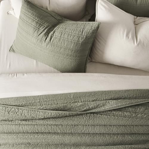 EVERGRACEHOME 100% Cotton Modern Lines Quilt Set Queen Size, Pre-Washed Soft Striped Coverlet Bedspread, 3 Piece Lightweight Bedding Set for All Season, with 2 Pillow Shams, Olive Green EVERGRACEHOME