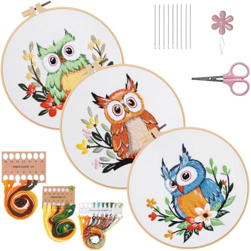 Konrisa Owl Embroidery Kit for Beginners Adult, Embroidery Starter Kit with Cloth Hoops Threads DIY Sewing for Craft Lover Hand Stitch Needlepoint Kits