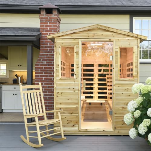 Kanlanth Outdoor Infrared Sauna with Red Light Therapy, 4 Person 2050watt Canadian Hemlock Wood Personal Sauna Room for Indoor Home, with Blue-Tooth, 4 Chromo Therapy Lighting, Control, Cup Holder Kanlanth