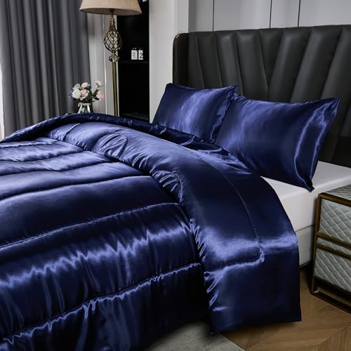 Satin Comforter Set King Silk Like Silky Bedding Set Luxury Hotel Silky Bed Home Deocr Navy Blue Soft Down Comforter Silky Quilt Set Bedding_Dreamer