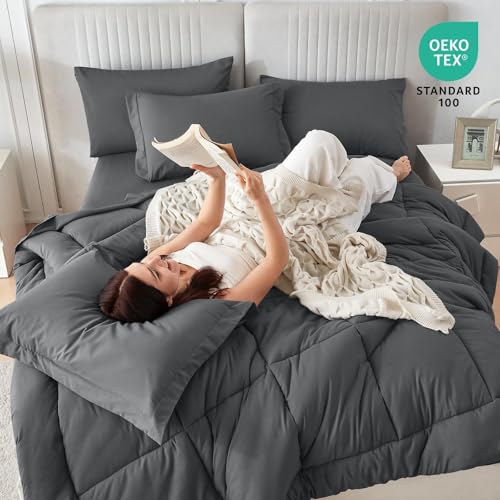 Sasttie Queen Comforter Set, 7 Pieces Bed in a Bag Queen, Complete Bedding Set Includes Grey Comforter, Flat Sheet, Fitted Sheet, Pillowcases and Pillow Shams, Dark Grey Sasttie