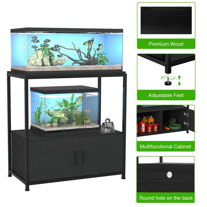 VANVERB Fish Tank Stand for 20-29 Gallon Aquarium, Heavy Duty Metal Wood Aquarium Stand with Cabinet Accessories Storage, Black VANVERB