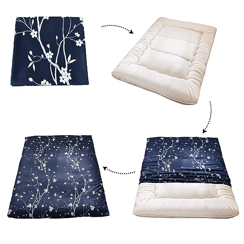 MAXYOYO Mattress Cover for Traditional Japanese Futon Mattress, Futon Floor Mats Cover with Zipper, Super Soft and Machine Washable, Navy Floral, Queen MAXYOYO