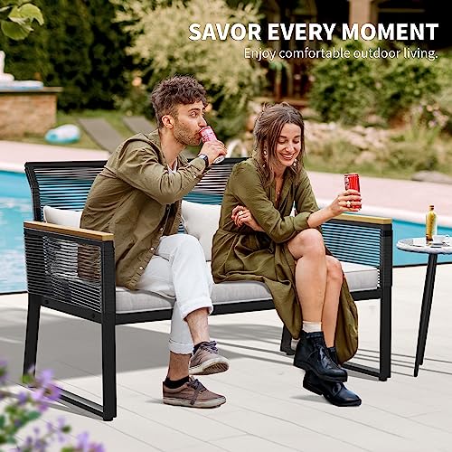 YITAHOME Patio Loveseat Wicker Outdoor Furniture, All Weather Rattan Conversation Loveseat for Backyard, Balcony and Deck with Wooden Armrest, Gray Cushions (Black) YITAHOME