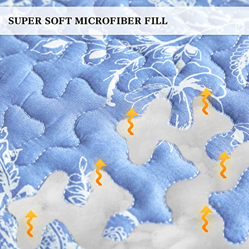 Flysheep Reversible Quilt Set Full Queen Size, 3 Pieces White Blue Botanical Floral Printed Summer Bedding Set, Soft Microfiber Lightweight Bedspread/Coverlet for All Season - 92"x90" Flysheep