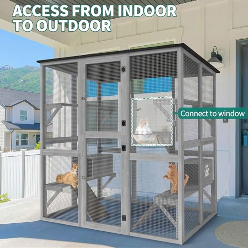 YITAHOME Catio Outdoor Cat Enclosure Large, Tall Wooden Cat House with Weatherproof Asphalt Roof, Cat Cage Playpen with Multiple Platforms & 2 Resting Boxes, 70.9" L x 38.2" W x 70.9" H YITAHOME