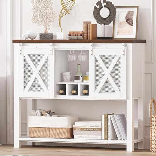 GAOMON Coffee Bar Cabinet, Farmhouse Sideboard Buffet Cabinet with Sliding Barn Doors, Wine Racks, Open Storage Shelf, for Kitchen, Dining Room, Entryway, White GAOMON