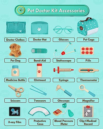 Lehoo Castle Wooden Doctor Kit for Kids, Vet Play Sets for Kids, Veterinarian Kit for Kids, Pretend Play Doctor Set with Dog Bag, Medical Kits Doctor Toys Gift for Kids Boys Girls Aged 3 4 5 6 Lehoo Castle