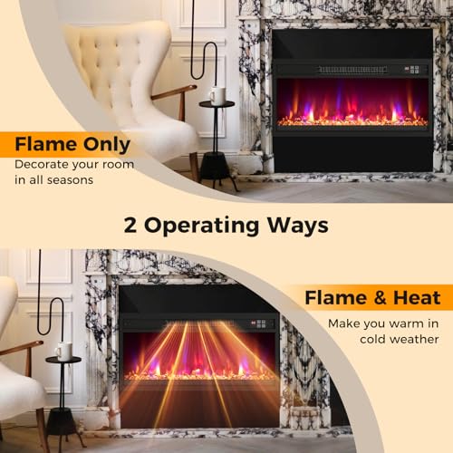 COSTWAY 26 Inch Recessed Fireplace Heater, Electric Fireplace Insert w/Multi-Color Flame & Crystal Ember Bed, Remote Control, 9H Timer, Built-in Thermostat & Overheat Protection, 1500W COSTWAY