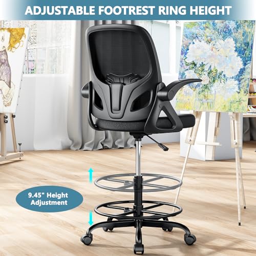 Kensaker Tall Drafting Chair with Footrest Ring for Home and Work, Ergonomic Home Desk Office Chair with Flip up Arms and Lumbar Support, Extended Height Executive Desk Office(Black) Kensaker
